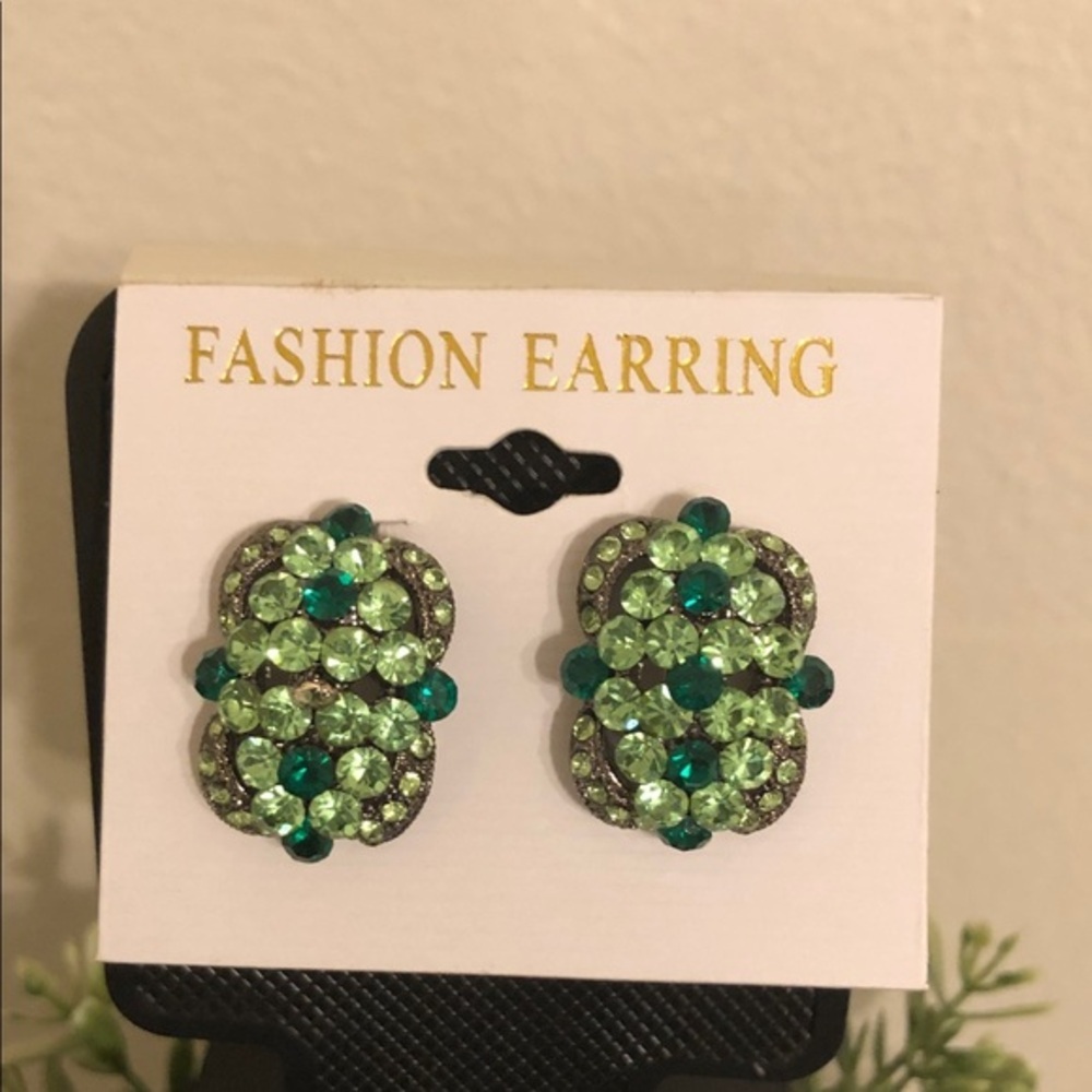 Elegant Green and Teal Crystal Clip on Earrings